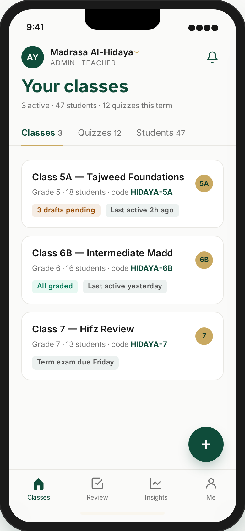 Itqan teacher dashboard listing classes and quizzes