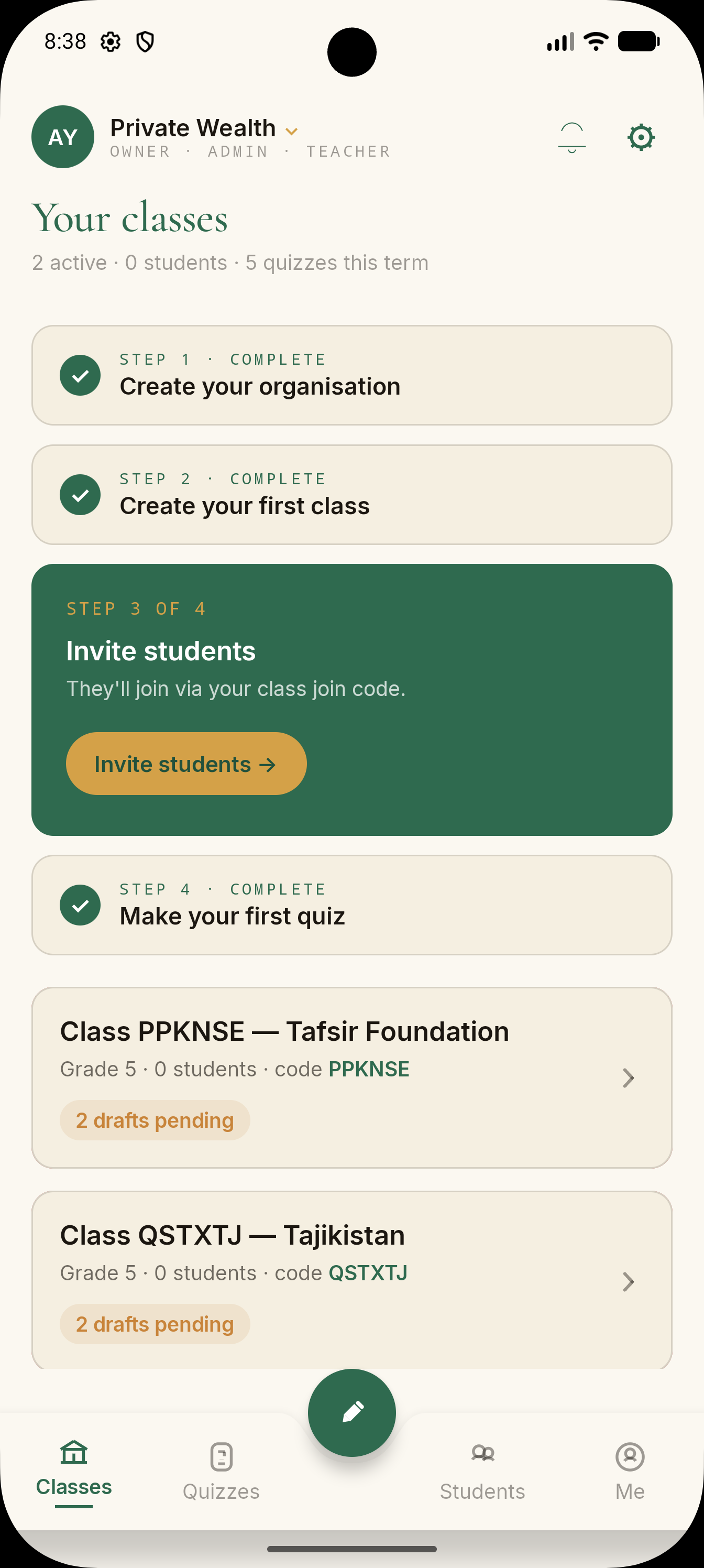 Itqan on a phone: the teacher&rsquo;s dashboard with classes, quizzes, and student activity